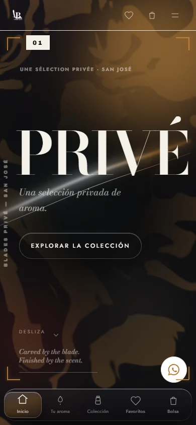 Blades Privé — mobile homepage, captured from the live site